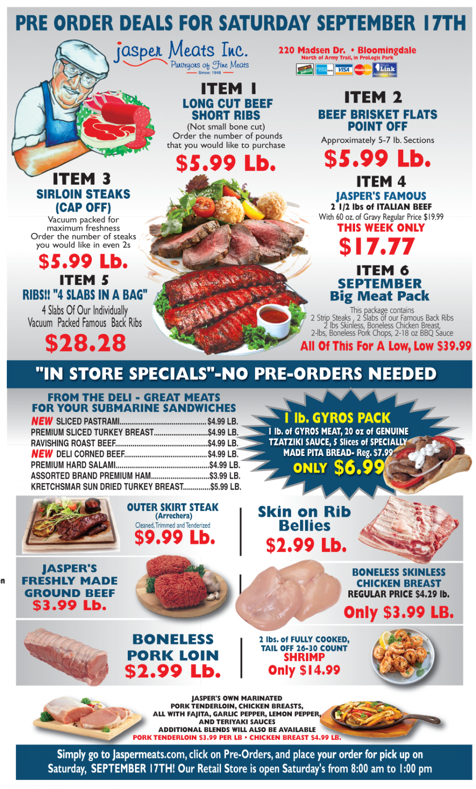 Pre Order & In Store Specials For Saturday Sept. 17TH Jasper Meats